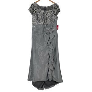 JJ's House A-Line Scoop Sweep Train Taffeta Sequin Evening Dress 18W Grey Silver